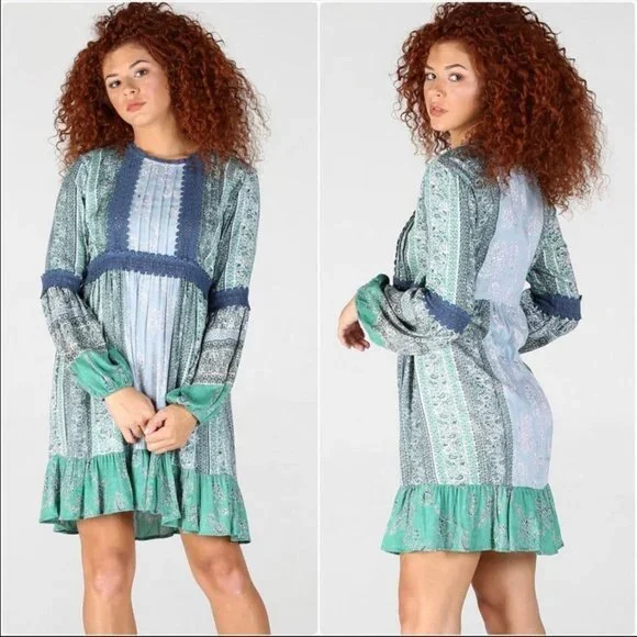 Angie Blue and Green Parsley Print w Balloon Sleeves & Lace detail S - Picture 1 of 10